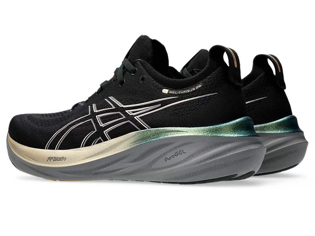 حذاء Asics Gel Nimbus 26 Platinum باللون الأسود والذهبي الفاتح
